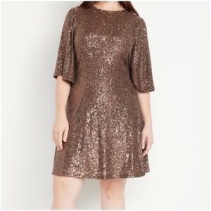 Old Navy Dress Womens 2XL Tall Bronze Sequin Shift Scoop Neck 3/4 Sleeve
